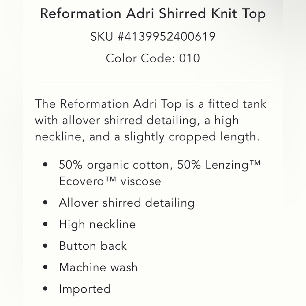 REFORMATION NWT The Adri Top Sz Large White Smocked Sleeveless - Picture 4 of 5